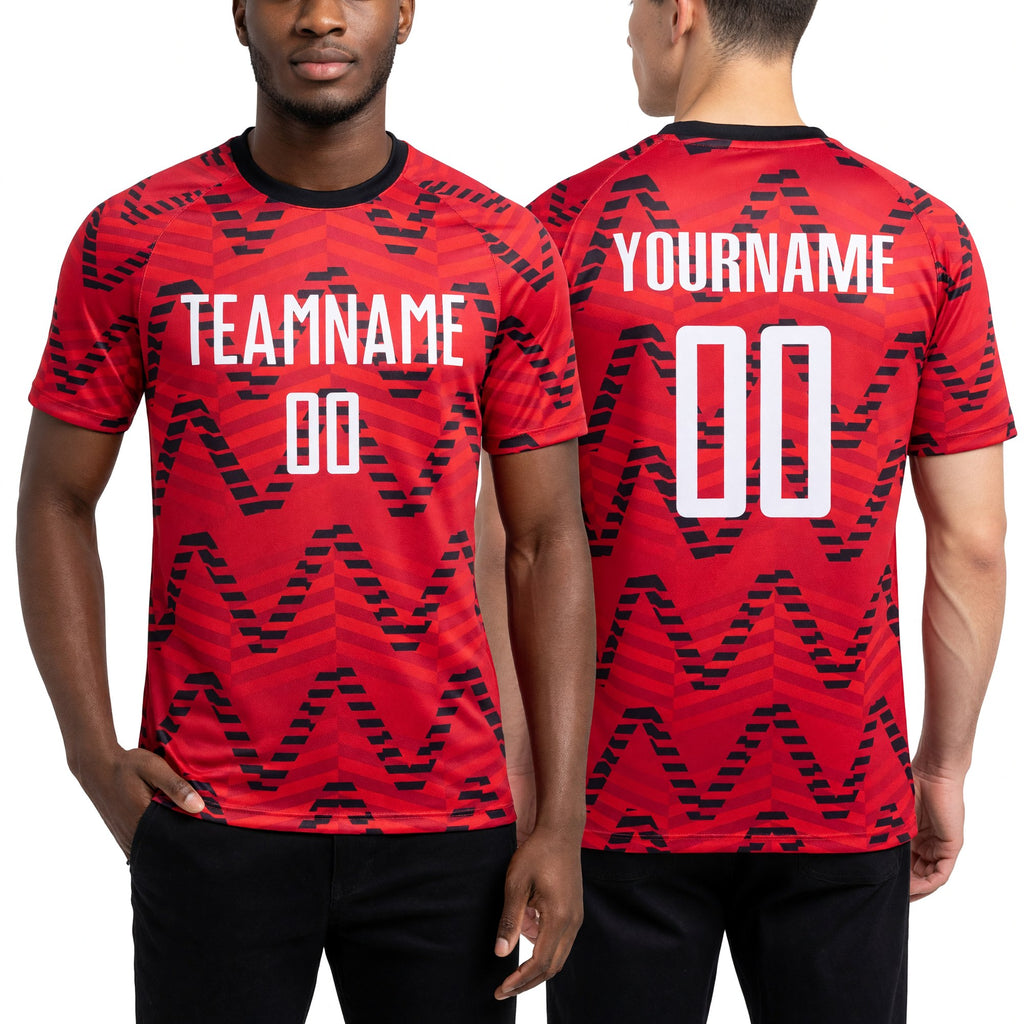 Custom Red White-Black Sublimation Soccer Uniform Jersey worn front and back