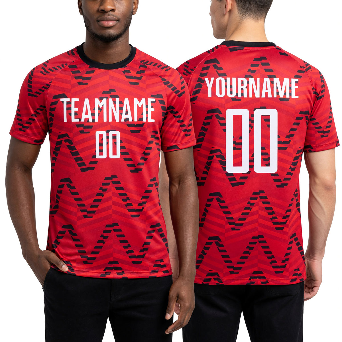 Custom Red White-Black Sublimation Soccer Uniform Jersey worn front and back