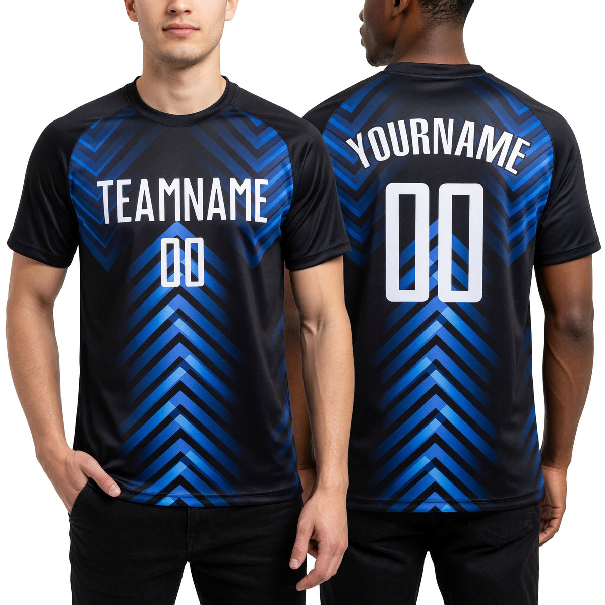 Custom Black White-Royal Sublimation Soccer Uniform Jersey worn front and back