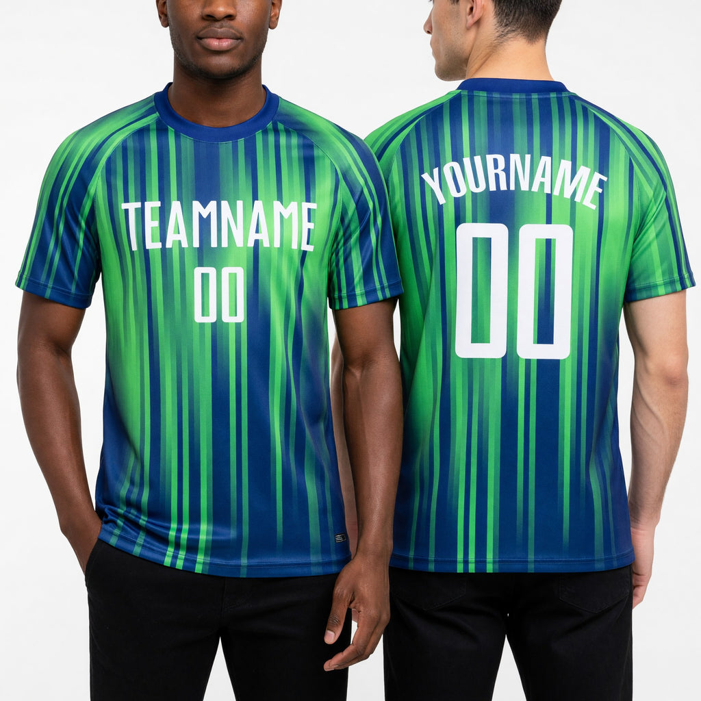 Custom Neon Green White-Royal Sublimation Soccer Uniform Jersey worn front and back