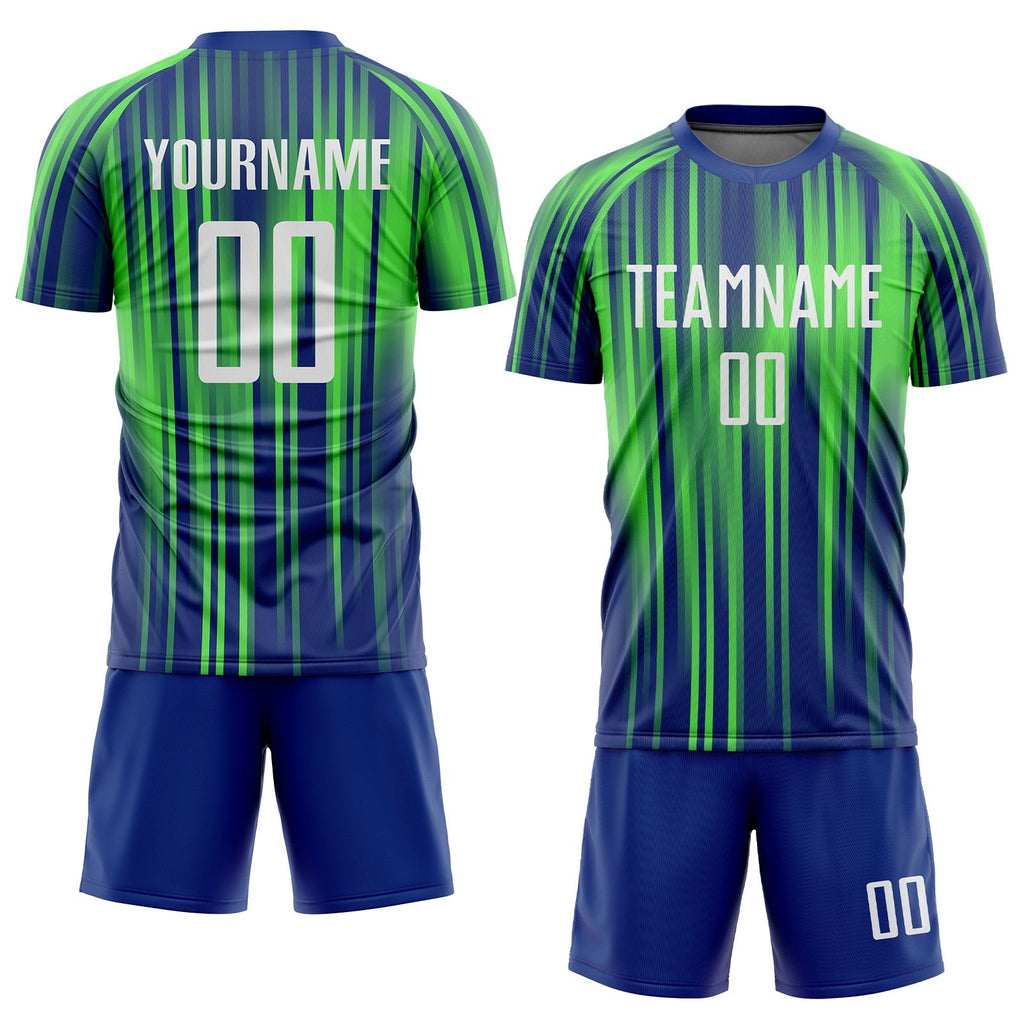 Custom Neon Green White-Royal Sublimation Soccer Uniform Jersey photo 2