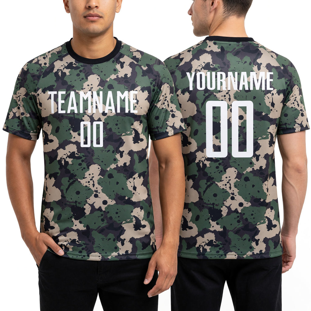 Custom Camo White-Black Sublimation Salute To Service Soccer Uniform Jersey worn front and back