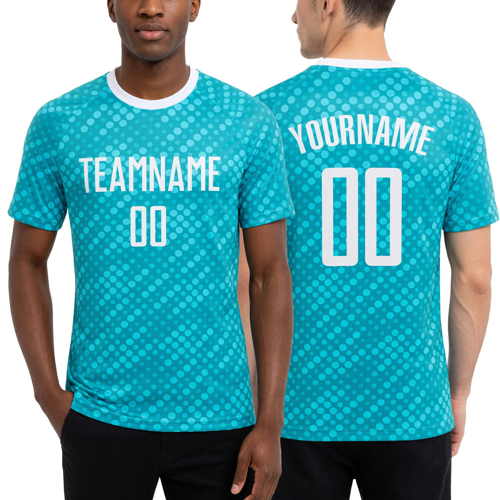 Custom Aqua White Sublimation Soccer Uniform Jersey worn front and back