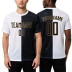 Custom White Black-Old Gold Sublimation Split Fashion Soccer Uniform Jersey worn front and back