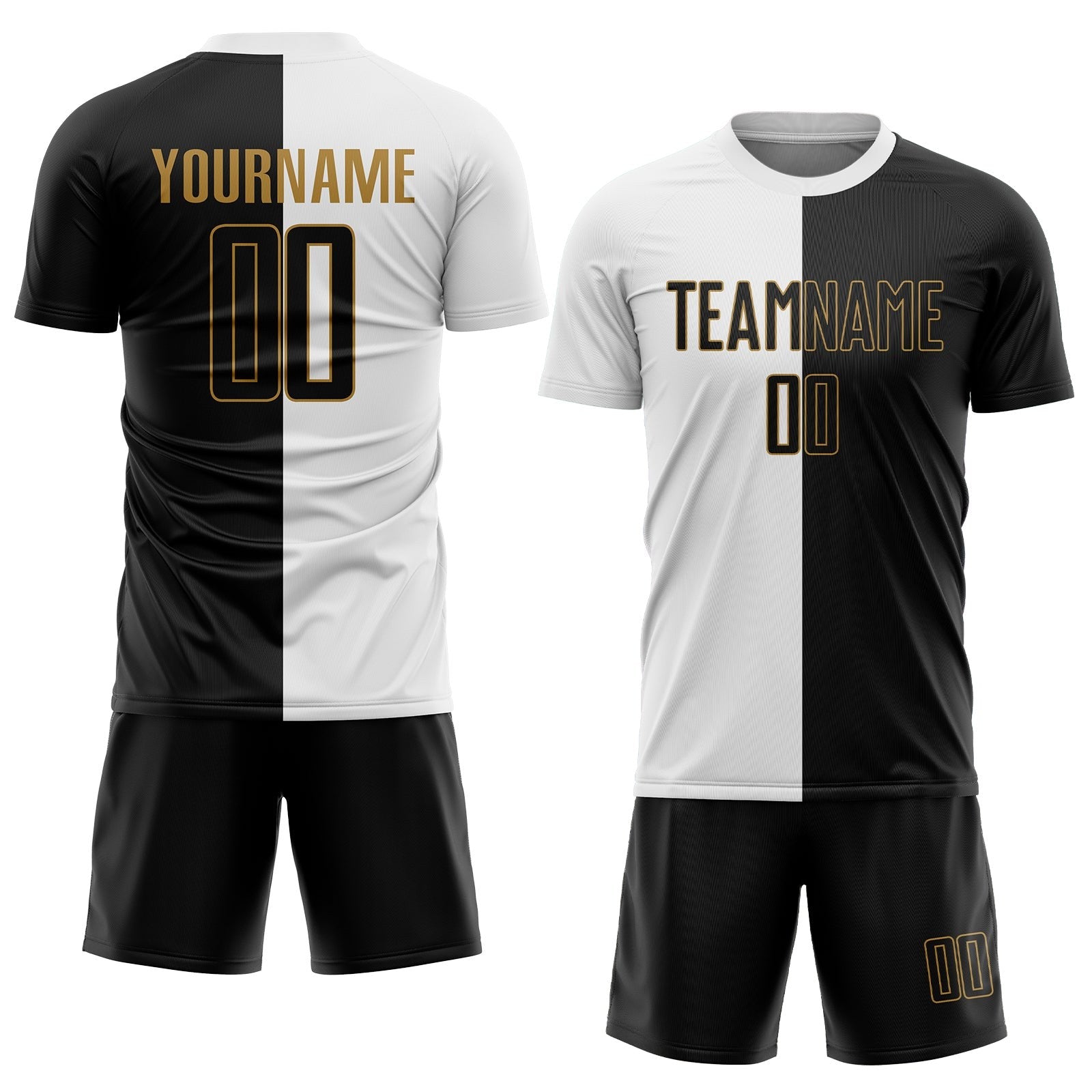 Custom White Black-Old Gold Sublimation Split Fashion Soccer Uniform Jersey photo 2