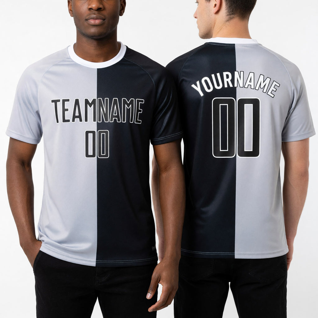 Custom Gray Black-White Sublimation Split Fashion Soccer Uniform Jersey worn front and back