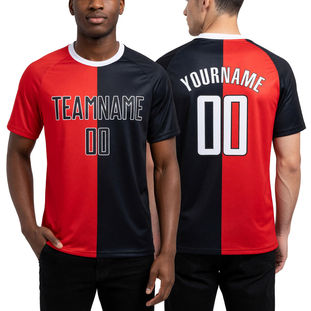 Custom Red Black-White Sublimation Split Fashion Soccer Uniform Jersey worn front and back