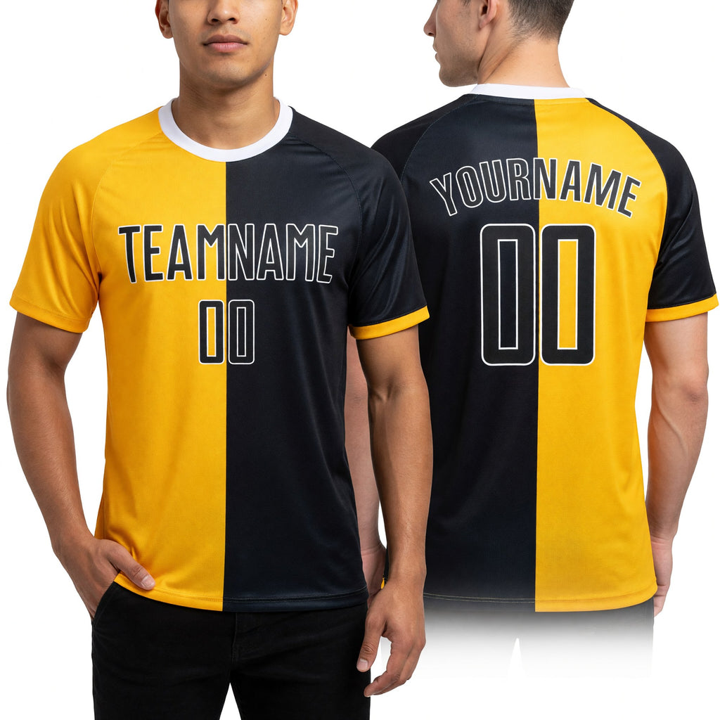 Custom Gold Black-White Sublimation Split Fashion Soccer Uniform Jersey worn front and back