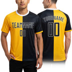 Custom Gold Black-White Sublimation Split Fashion Soccer Uniform Jersey worn front and back
