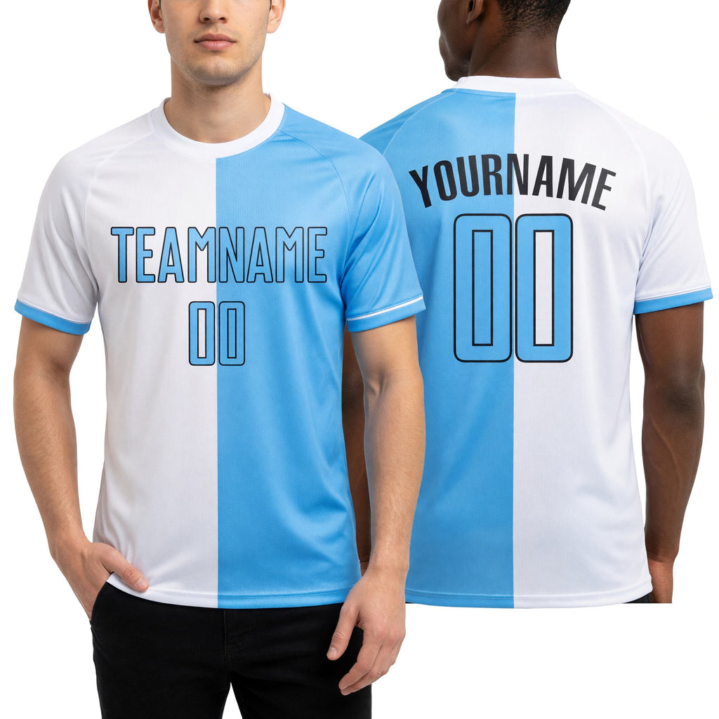 Custom White Light Blue-Black Sublimation Split Fashion Soccer Uniform Jersey worn front and back