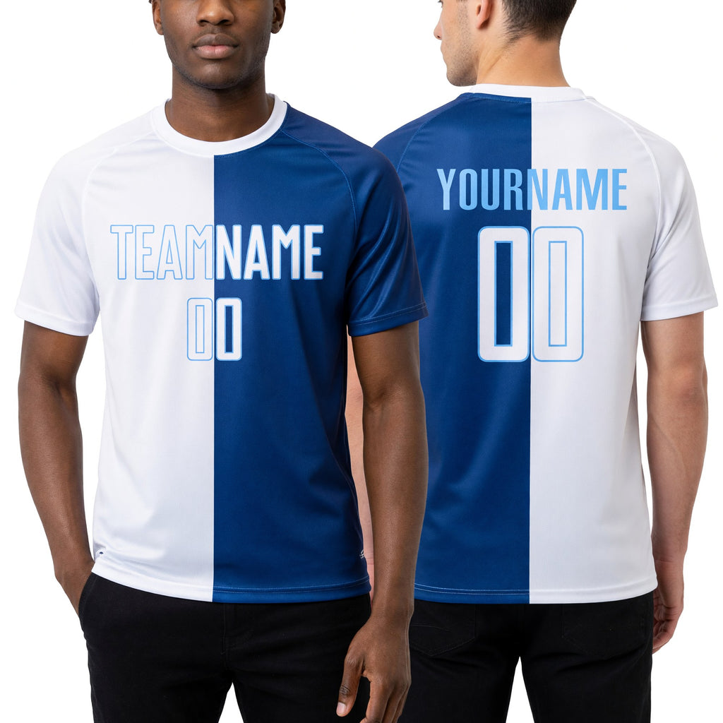 Custom Royal White-Light Blue Sublimation Split Fashion Soccer Uniform Jersey worn front and back