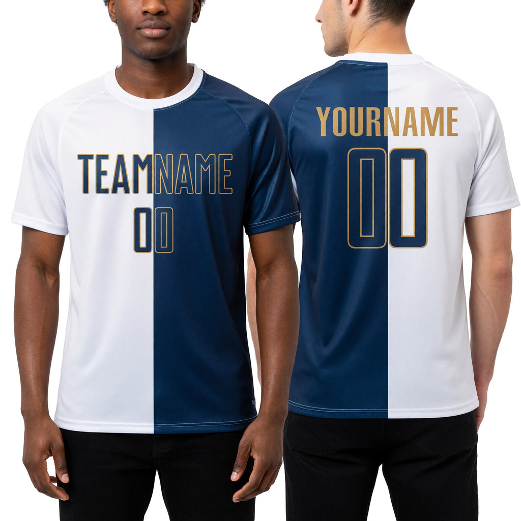 Custom White Navy-Old Gold Sublimation Split Fashion Soccer Uniform Jersey worn front and back