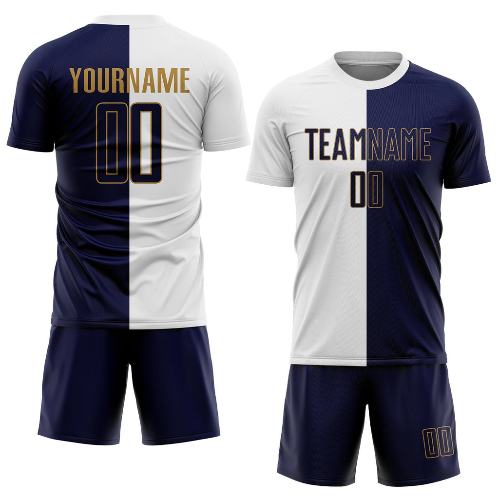 Custom White Navy-Old Gold Sublimation Split Fashion Soccer Uniform Jersey photo 2