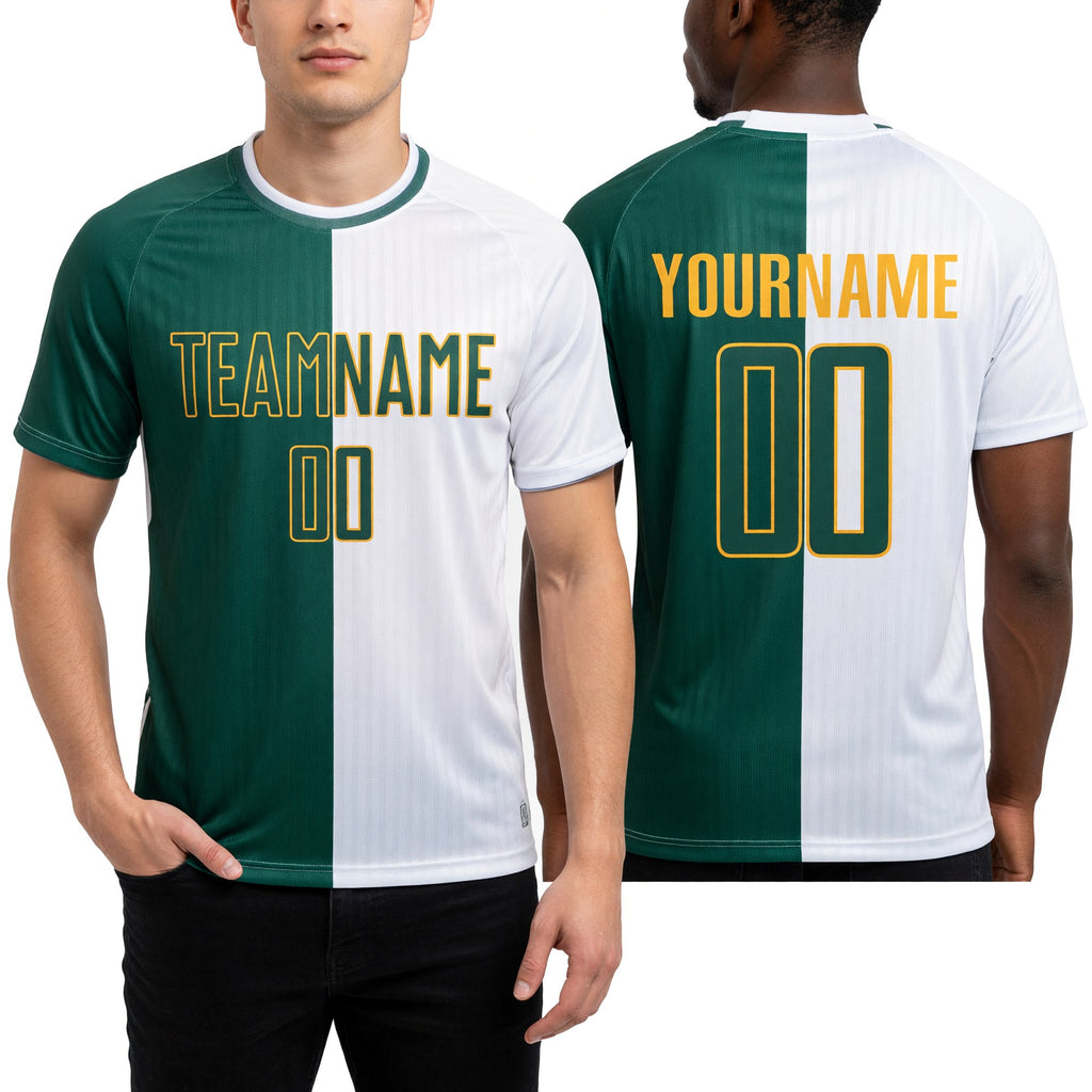 Custom White Green-Gold Sublimation Split Fashion Soccer Uniform Jersey worn front and back