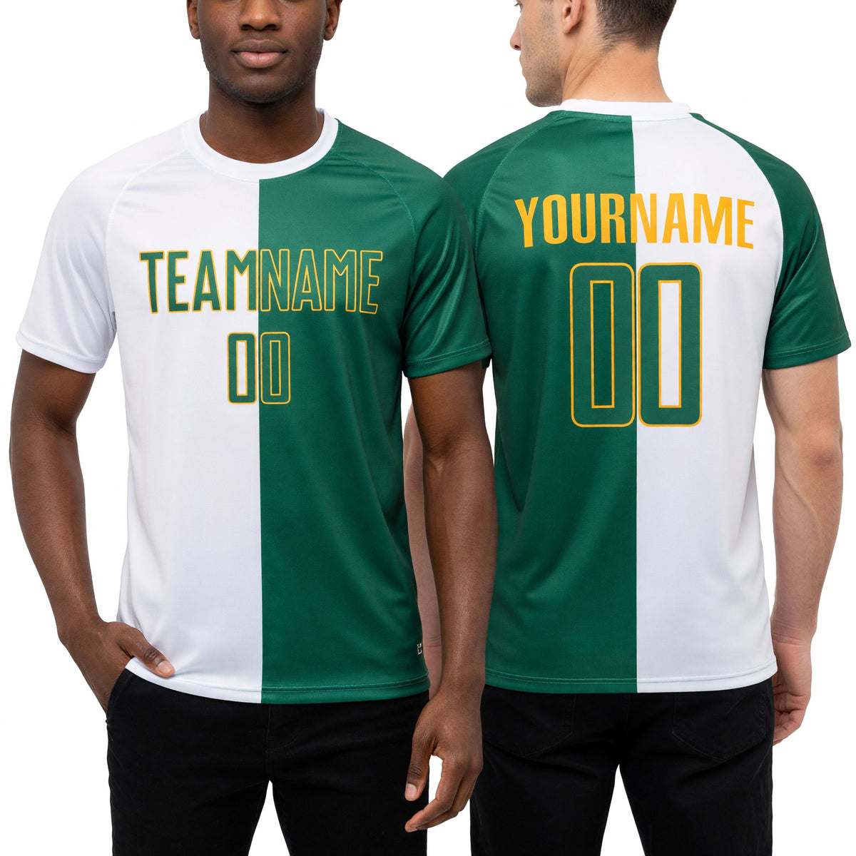 Custom White Kelly Green-Gold Sublimation Split Fashion Soccer Uniform Jersey worn front and back