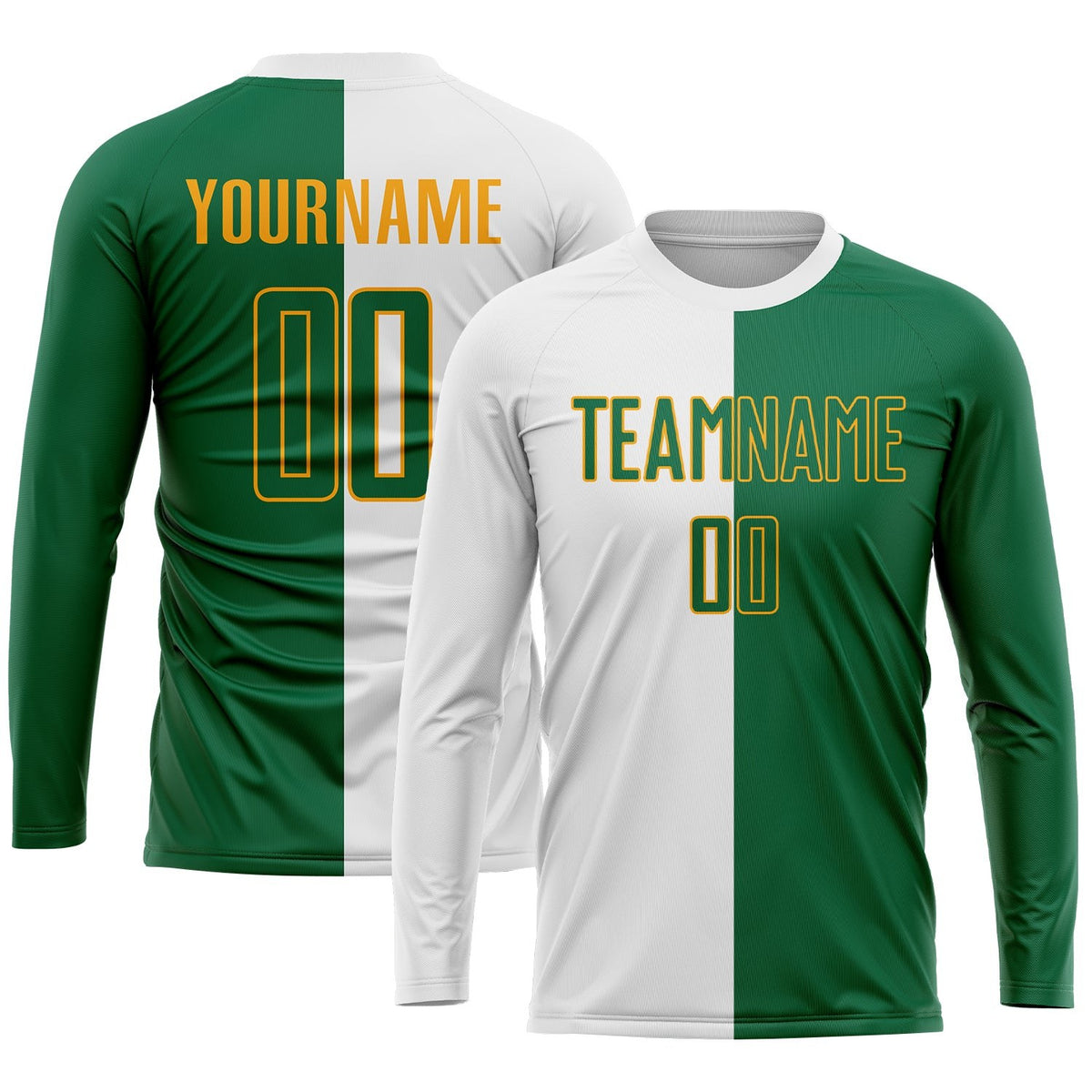 Custom White Kelly Green-Gold Sublimation Split Fashion Soccer Uniform Jersey photo 3