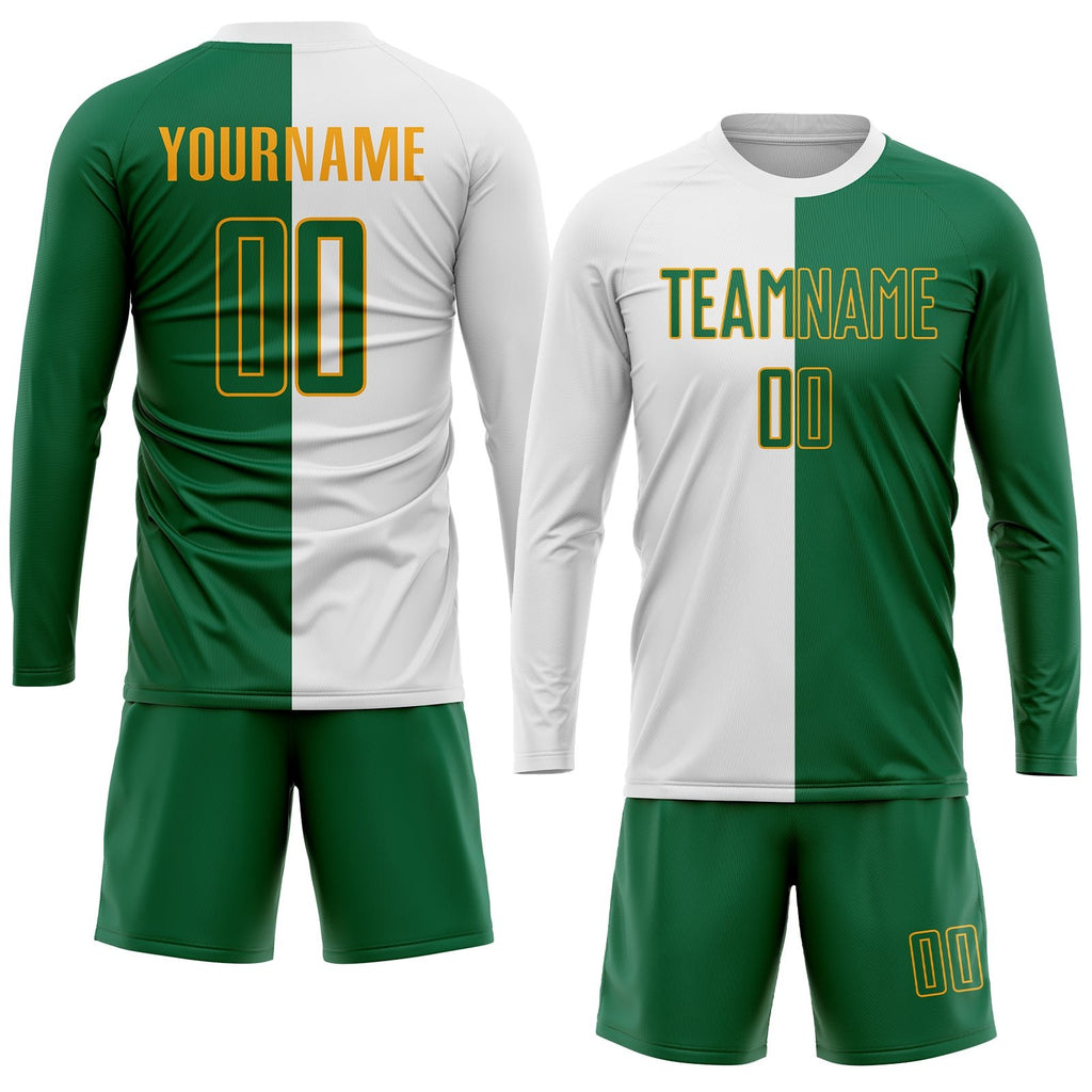 Custom White Kelly Green-Gold Sublimation Split Fashion Soccer Uniform Jersey photo 4