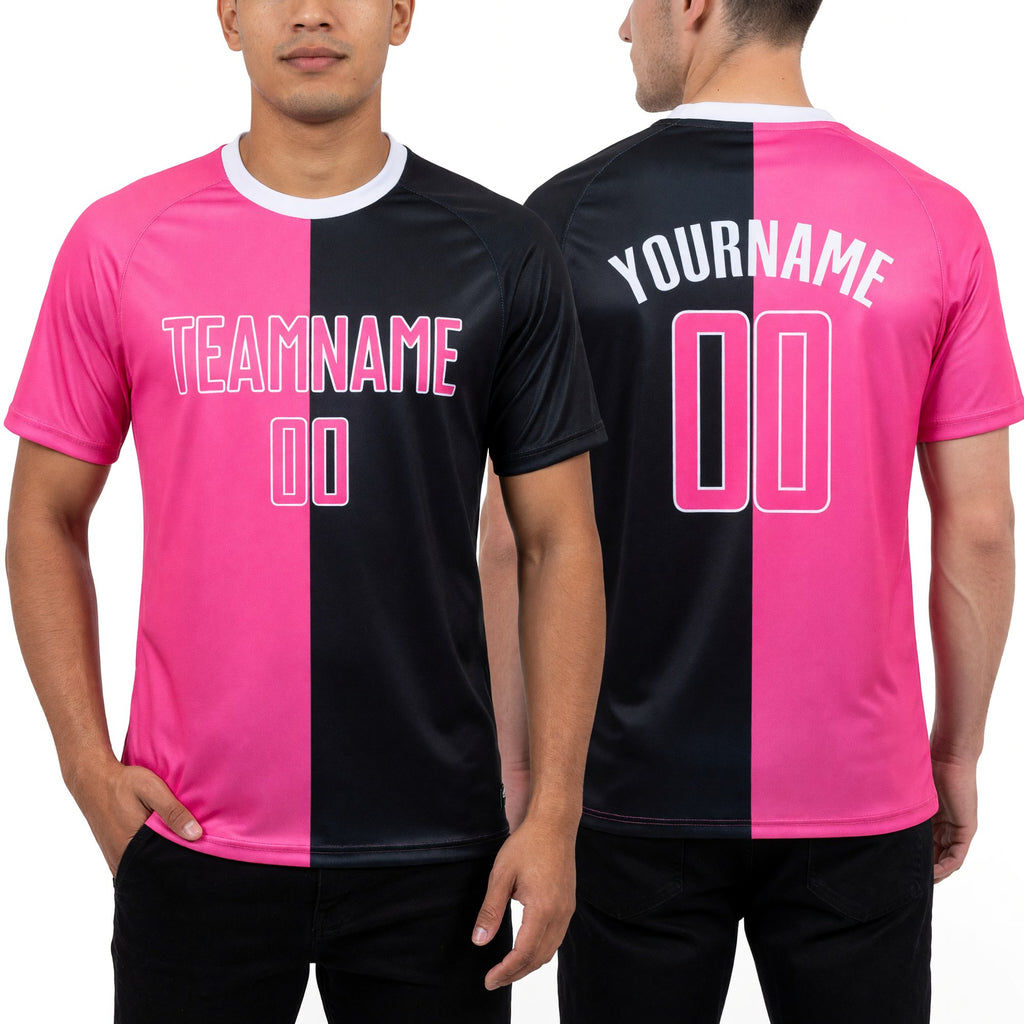 Custom Black Pink-White Sublimation Split Fashion Soccer Uniform Jersey worn front and back