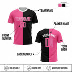 Custom Black Sublimated Split Soccer Jersey with Pink and White Lettering customization guide