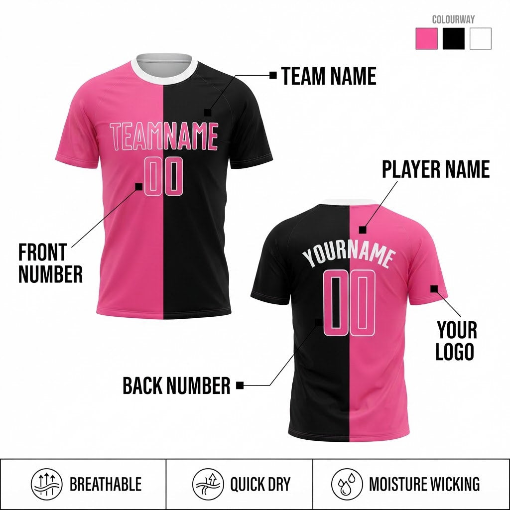 Custom Black Sublimated Split Soccer Jersey with Pink and White Lettering customization guide