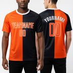 Custom Black Orange-White Sublimation Split Fashion Soccer Uniform Jersey worn front and back