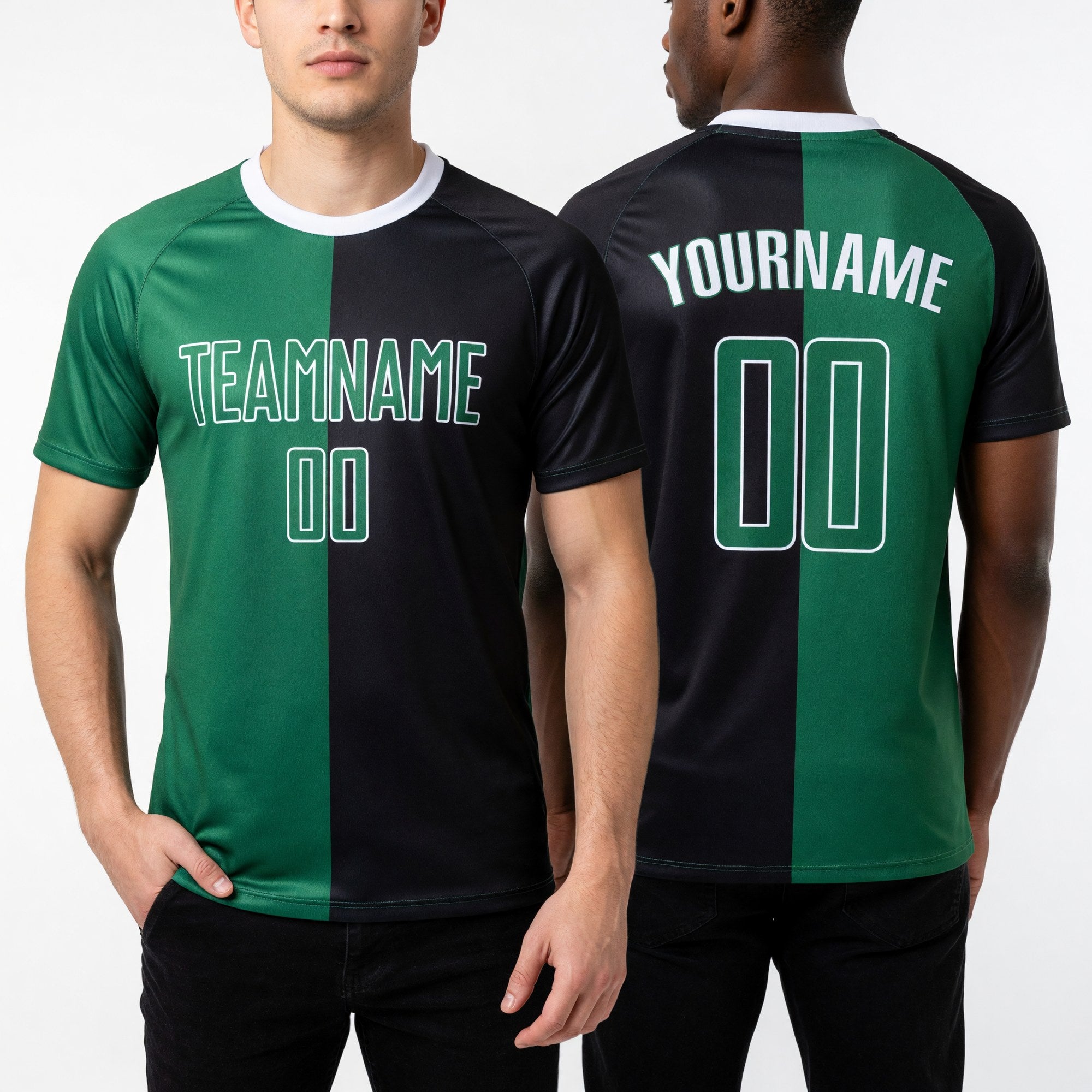 Custom Black Kelly Green-White Sublimation Split Fashion Soccer Uniform Jersey worn front and back