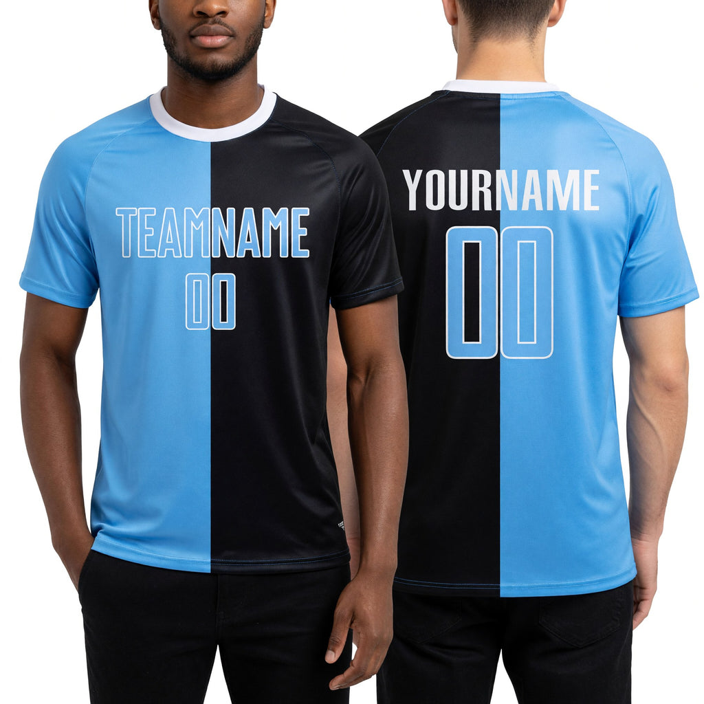 Custom Black Light Blue-White Sublimation Split Fashion Soccer Uniform Jersey worn front and back