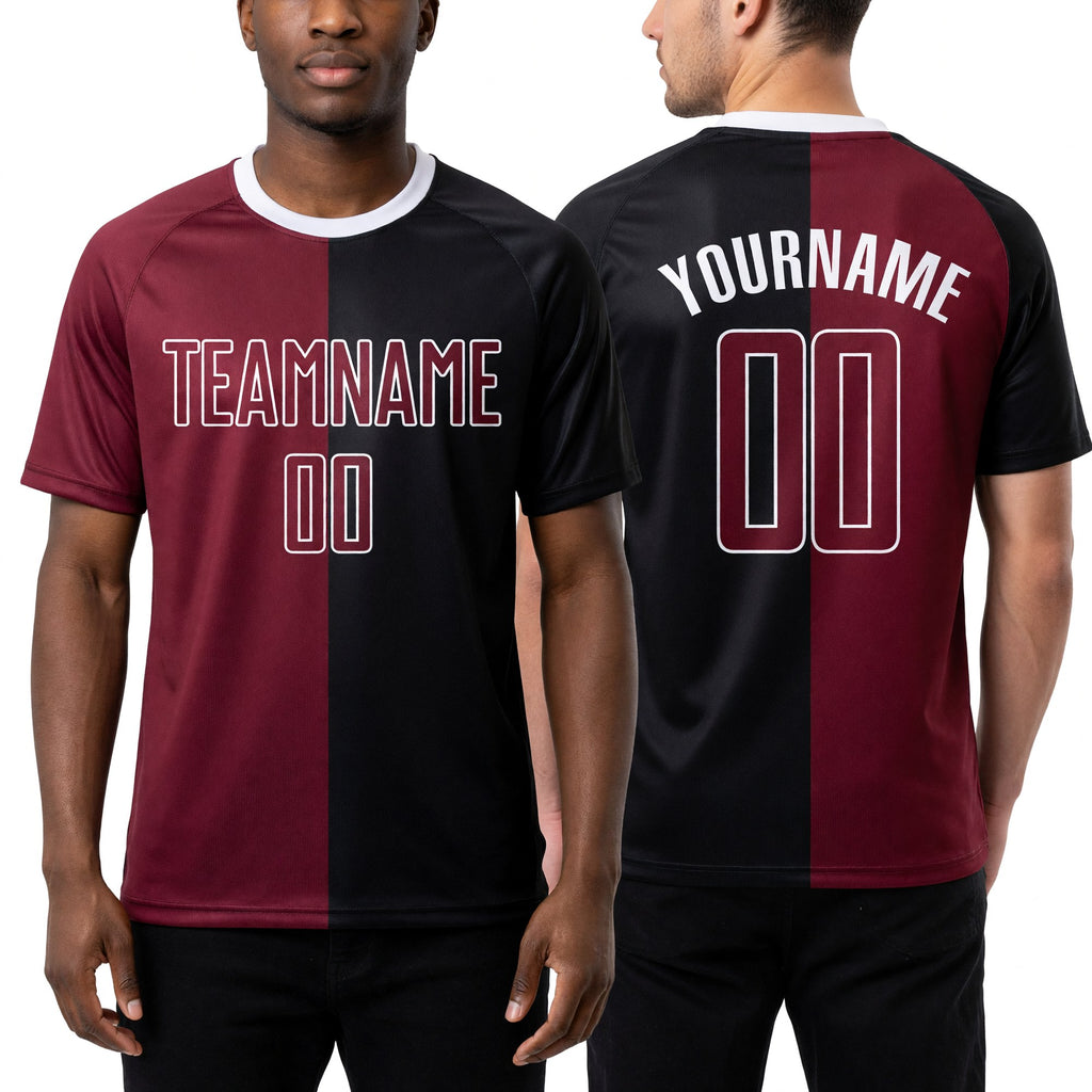 Custom Black Crimson-White Sublimation Split Fashion Soccer Uniform Jersey worn front and back