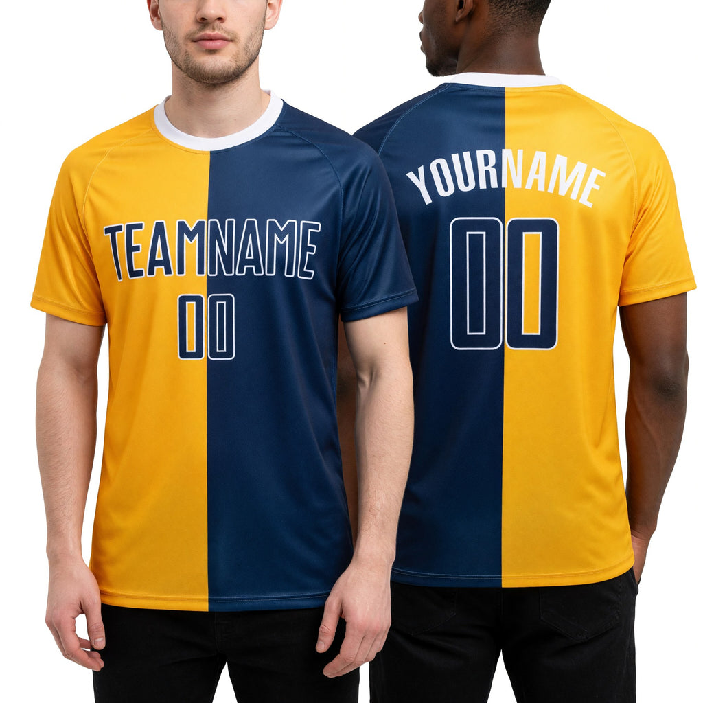 Custom Gold Navy-White Sublimation Split Fashion Soccer Uniform Jersey worn front and back