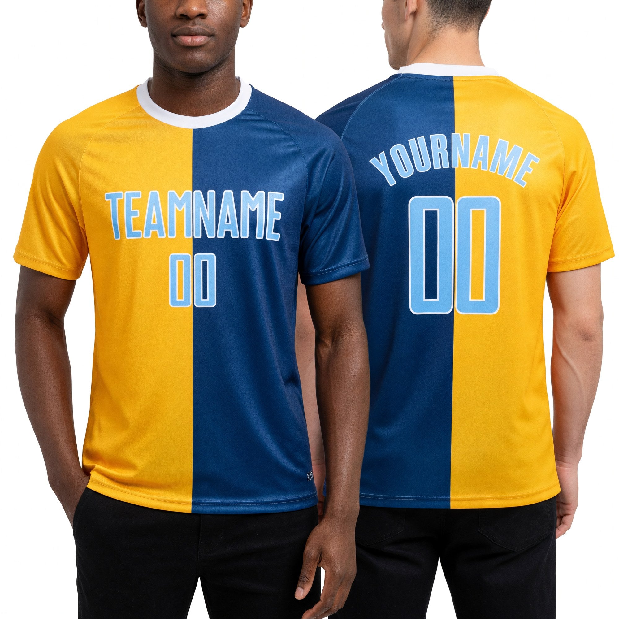 Custom Royal Light Blue-Gold Sublimation Split Fashion Soccer Uniform Jersey worn front and back
