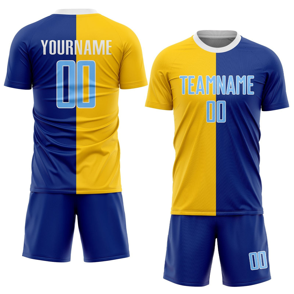 Custom Royal Light Blue-Gold Sublimation Split Fashion Soccer Uniform Jersey photo 2