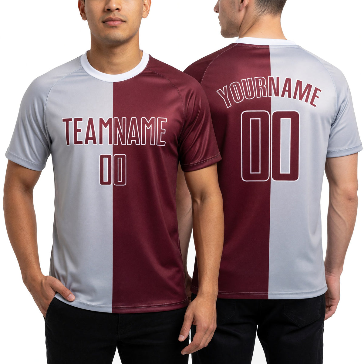 Custom Gray Crimson-White Sublimation Split Fashion Soccer Uniform Jersey worn front and back