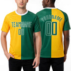 Custom Gold Kelly Green-White Sublimation Split Fashion Soccer Uniform Jersey worn front and back
