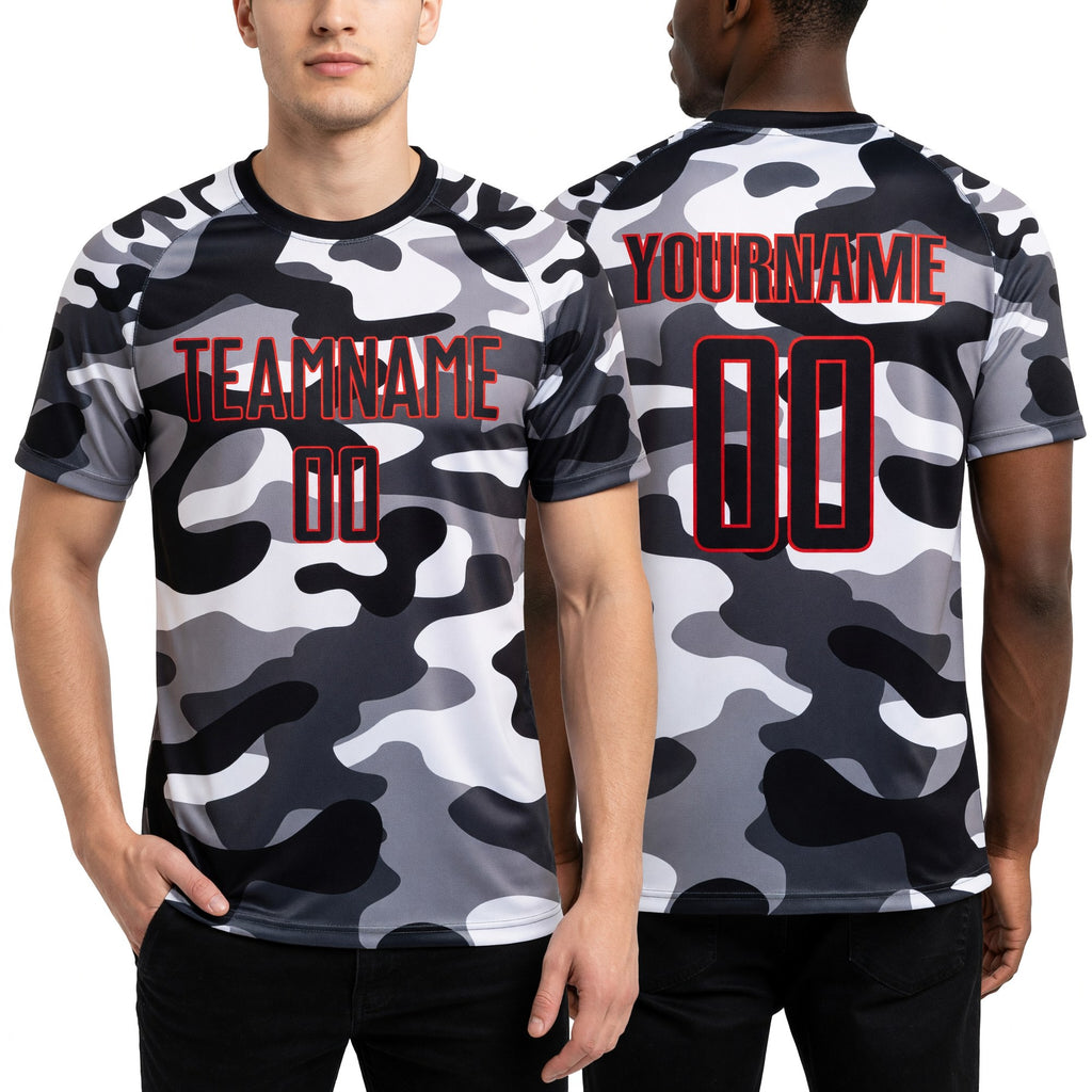 Custom Camo Black-Red Sublimation Salute To Service Soccer Uniform Jersey worn front and back