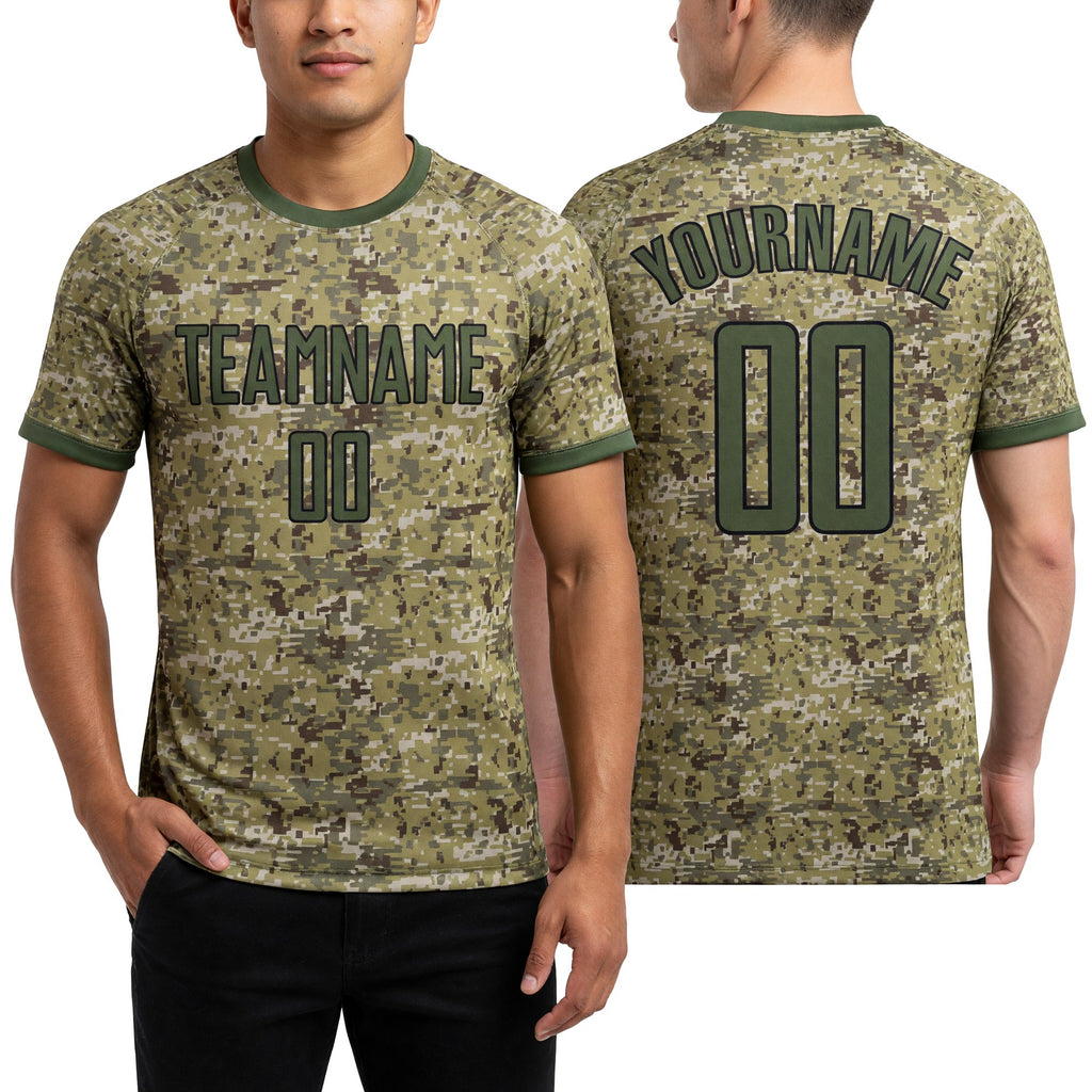 Custom Camo Olive-Black Sublimation Salute To Service Soccer Uniform Jersey worn front and back