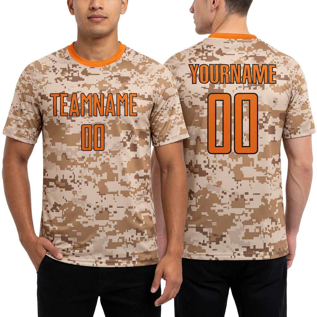 Custom Camo Texas Orange-Brown Sublimation Salute To Service Soccer Uniform Jersey worn front and back