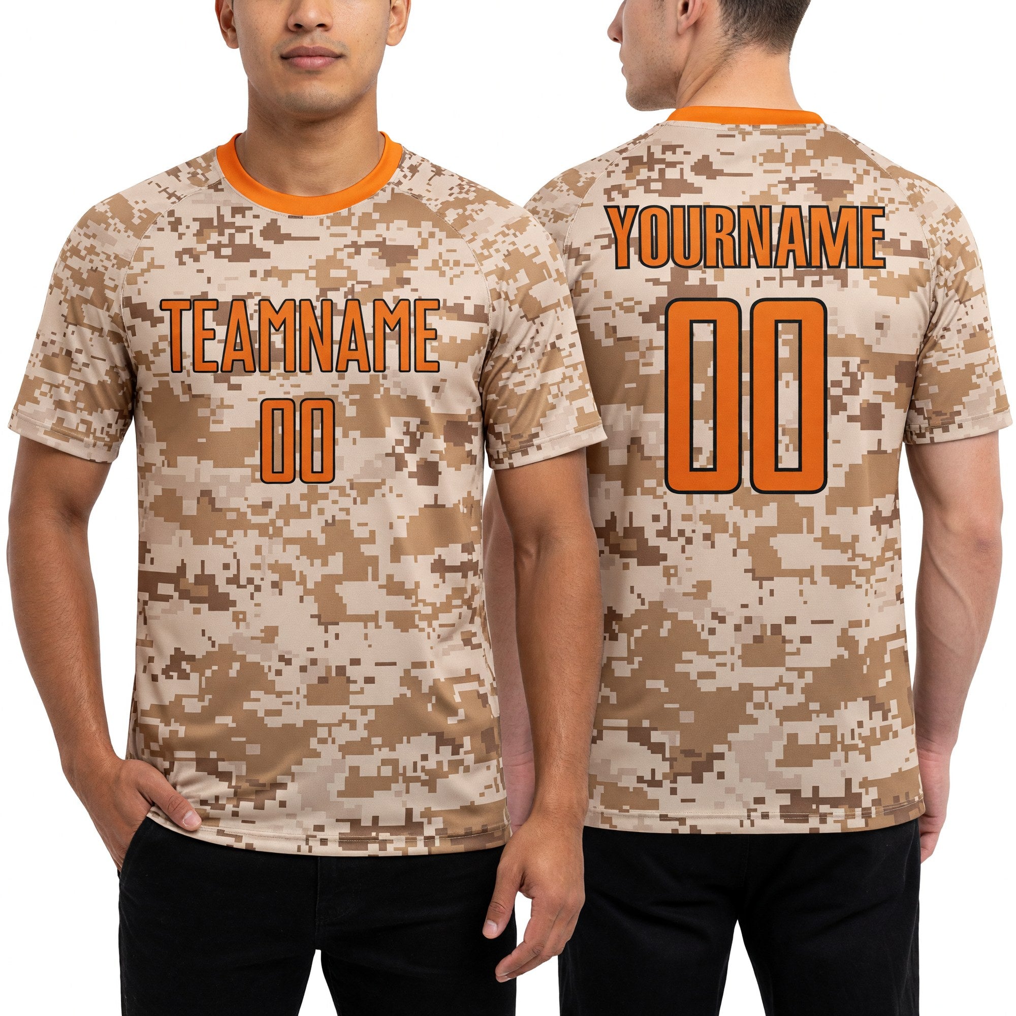 Custom Camo Texas Orange-Brown Sublimation Salute To Service Soccer Uniform Jersey worn front and back