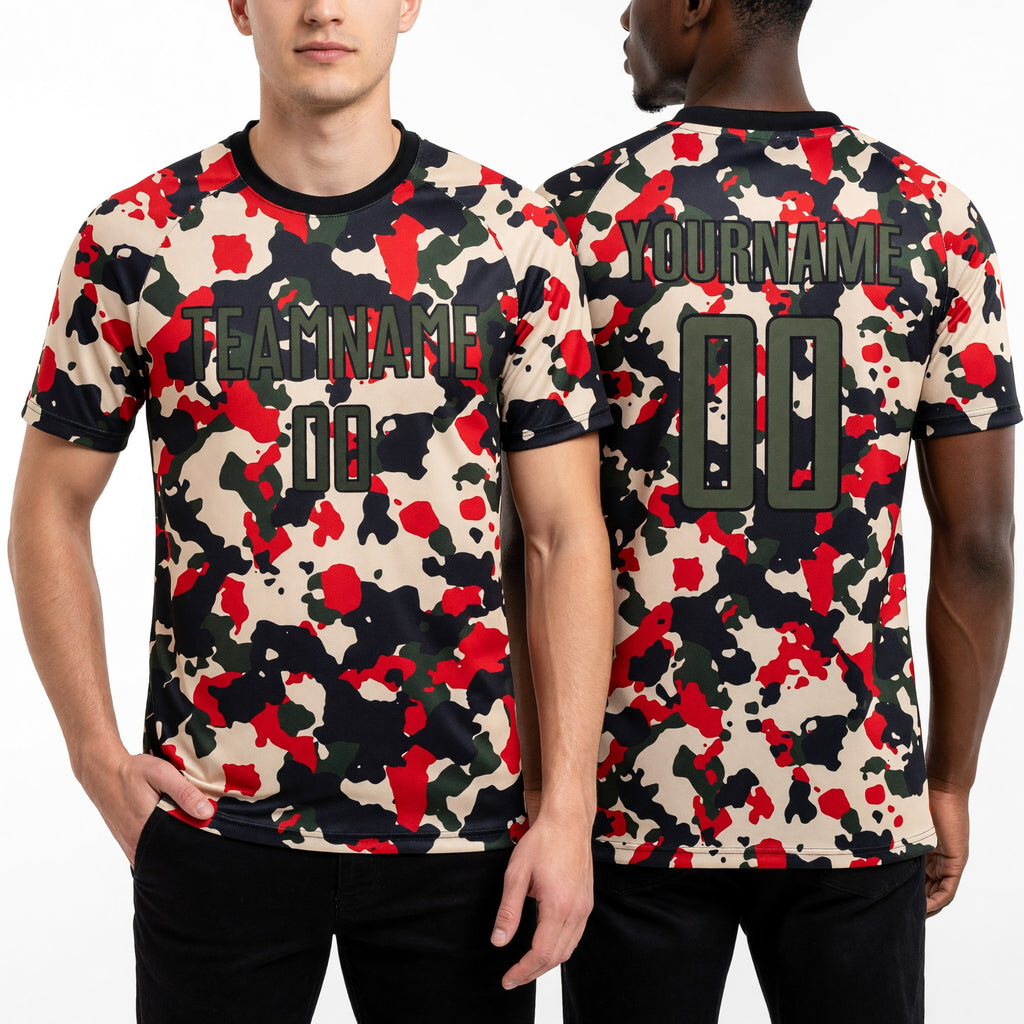 Custom Camo Olive-Black Sublimation Salute To Service Soccer Uniform Jersey worn front and back