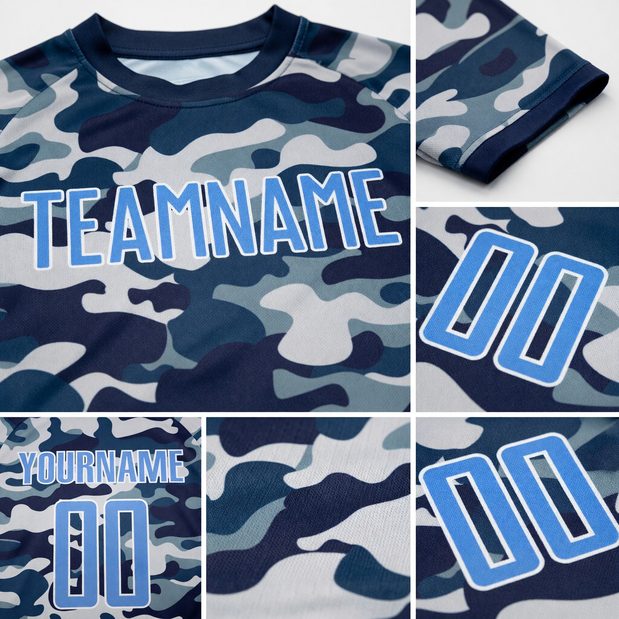 Custom Camo Light Blue-Royal Sublimation Salute To Service Soccer Uniform Jersey detail