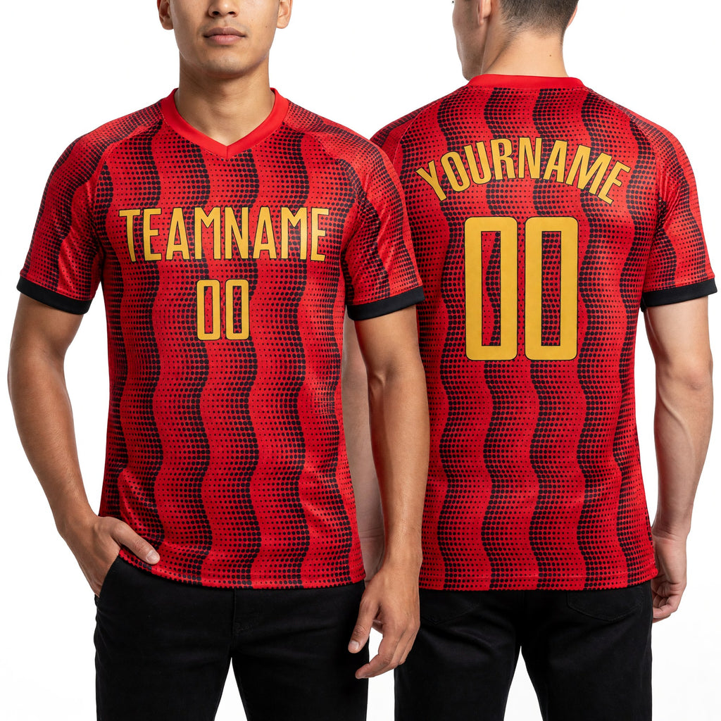 Custom Red Gold Sublimation Soccer Uniform Jersey worn front and back