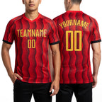 Custom Red Gold Sublimation Soccer Uniform Jersey worn front and back