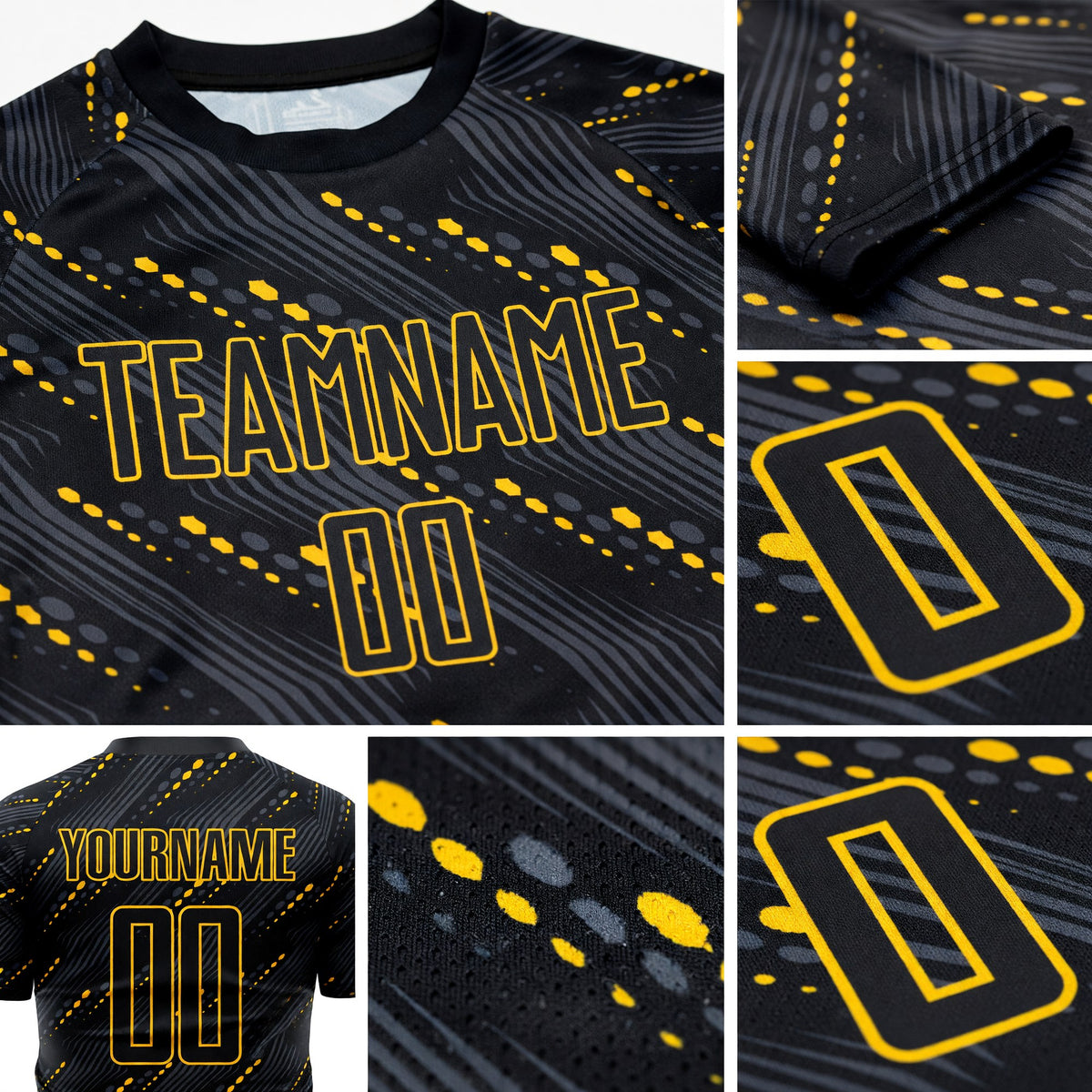 Custom Black Black-Gold Sublimation Soccer Uniform Jersey detail