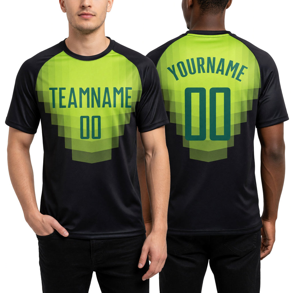 Custom Black Kelly Green Sublimation Soccer Uniform Jersey worn front and back