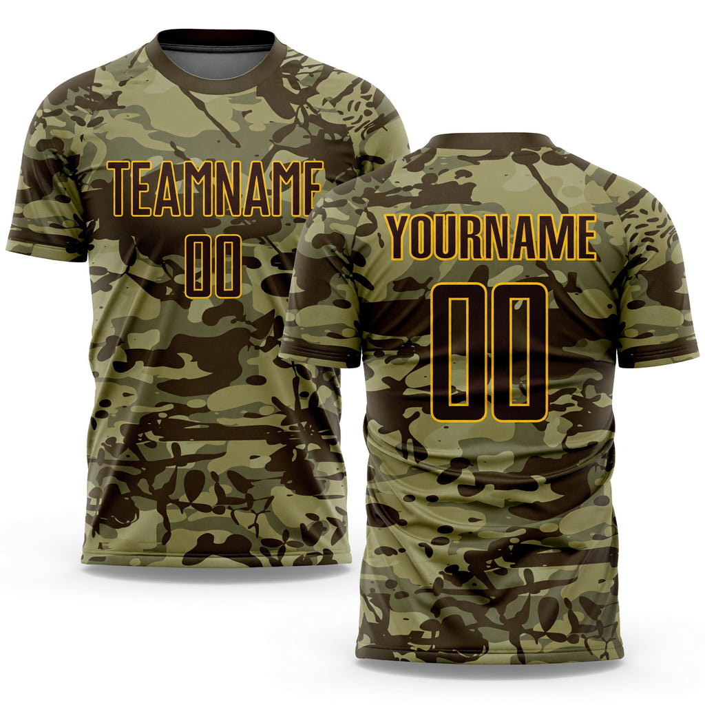 Custom Camo Brown-Gold Sublimation Salute To Service Soccer Uniform Jersey