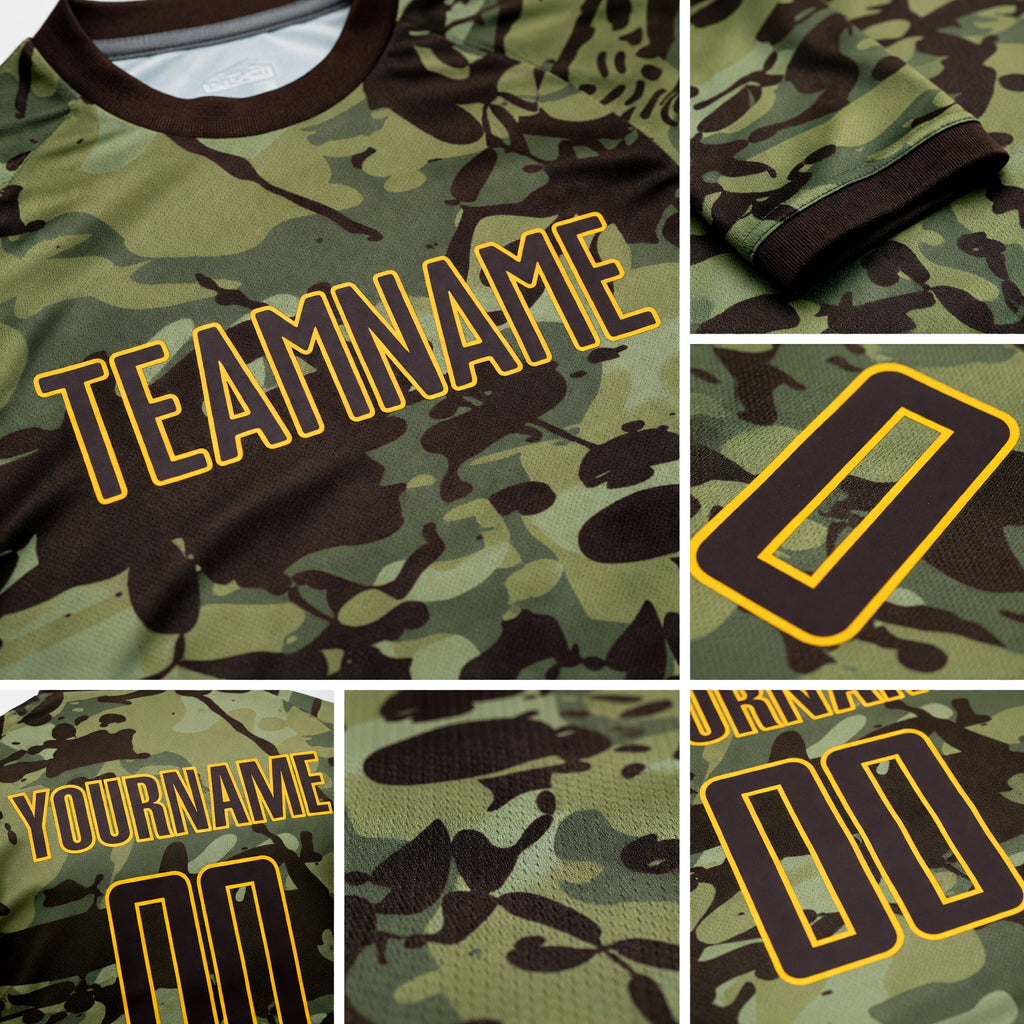 Custom Camo Brown-Gold Sublimation Salute To Service Soccer Uniform Jersey detail