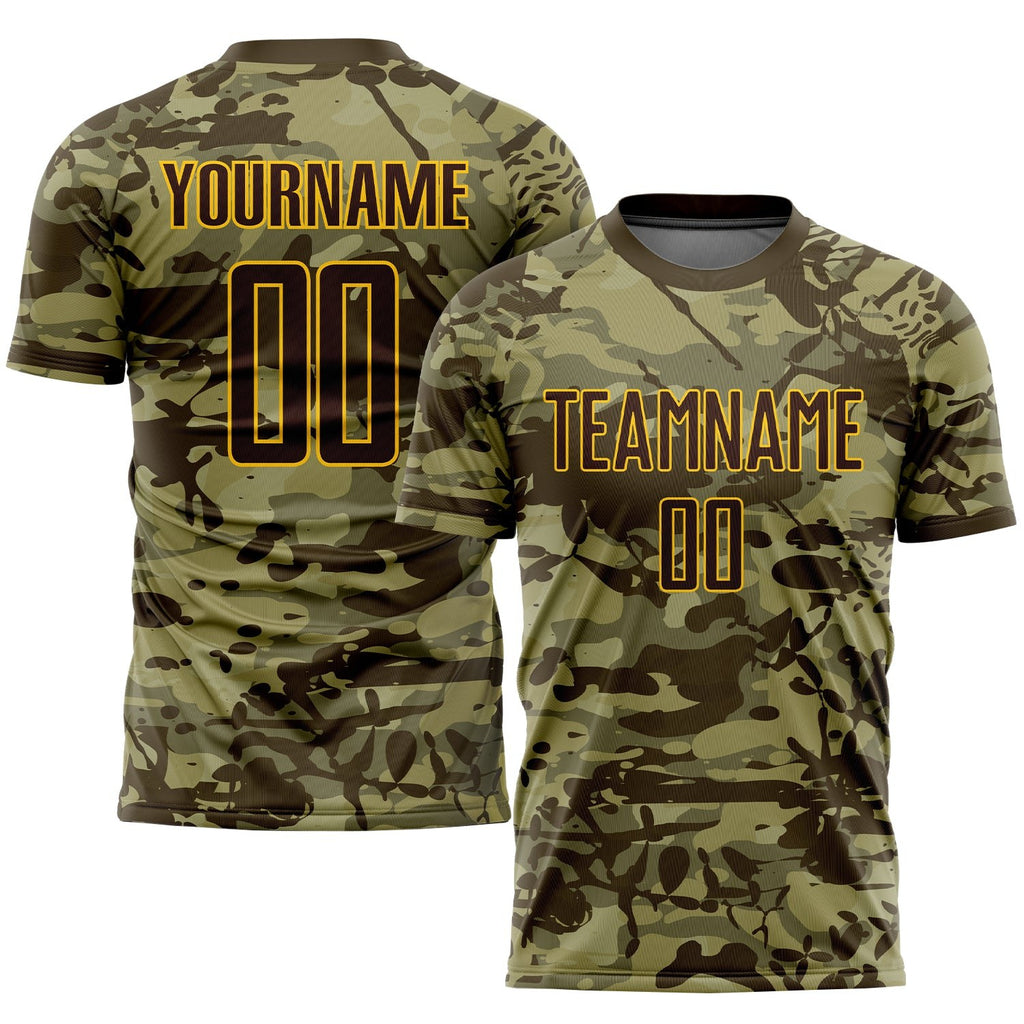 Custom Camo Brown-Gold Sublimation Salute To Service Soccer Uniform Jersey photo 1