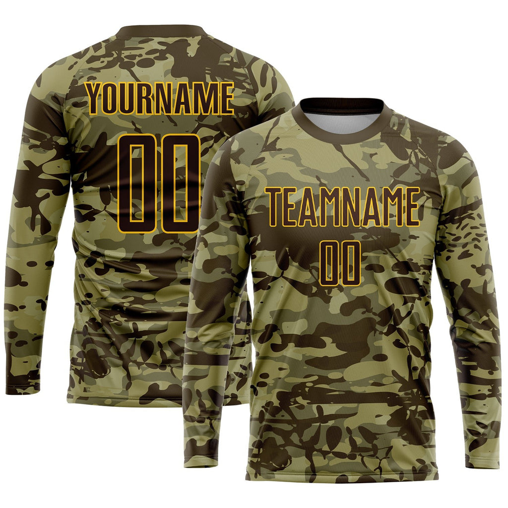Custom Camo Brown-Gold Sublimation Salute To Service Soccer Uniform Jersey photo 3