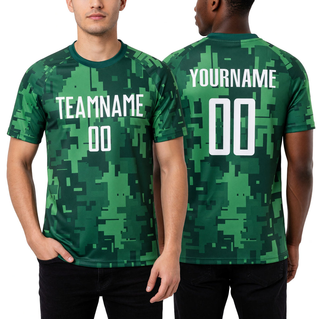 Custom Camo White-Kelly Green Sublimation Salute To Service Soccer Uniform Jersey worn front and back