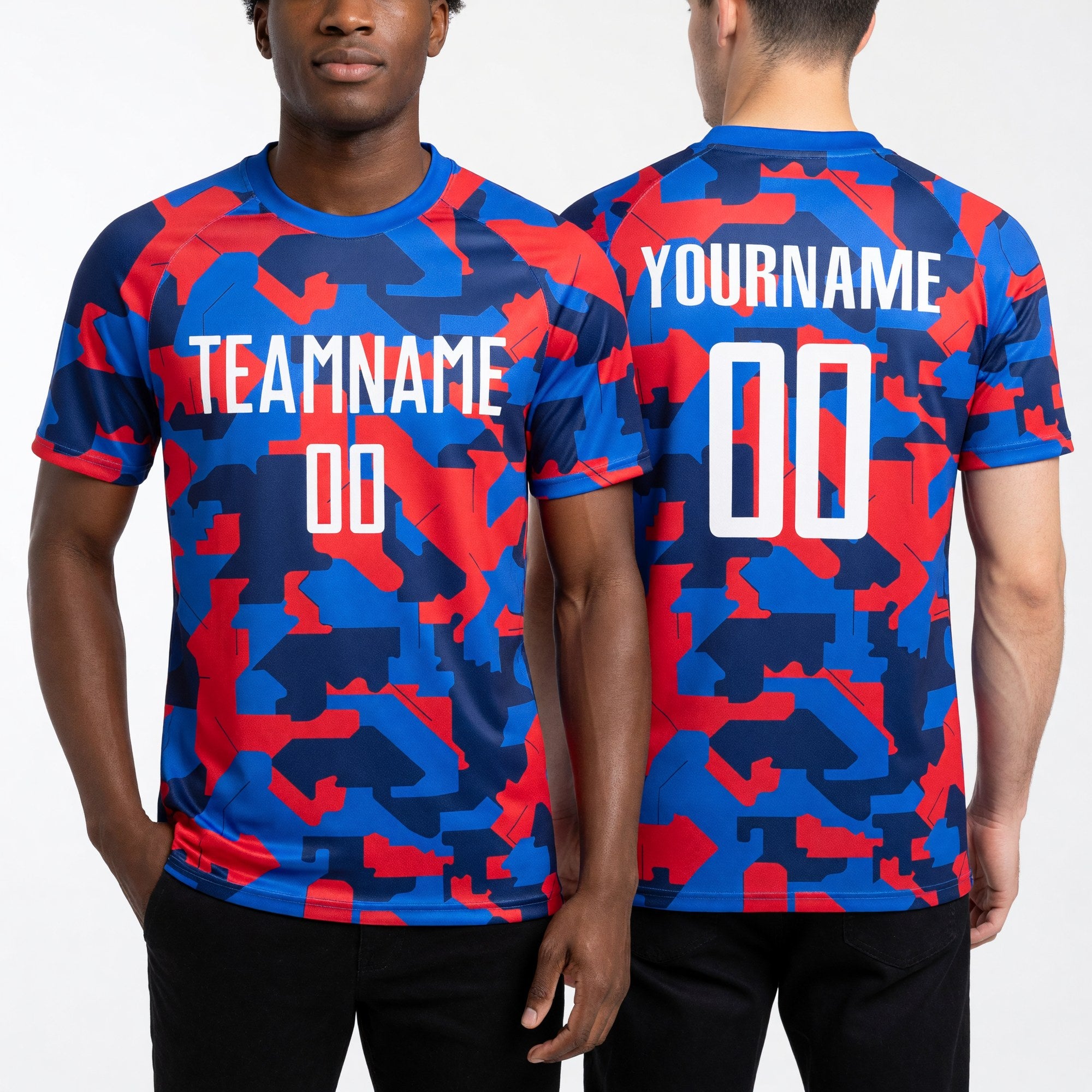 Custom Camo White-Royal Sublimation Salute To Service Soccer Uniform Jersey worn front and back
