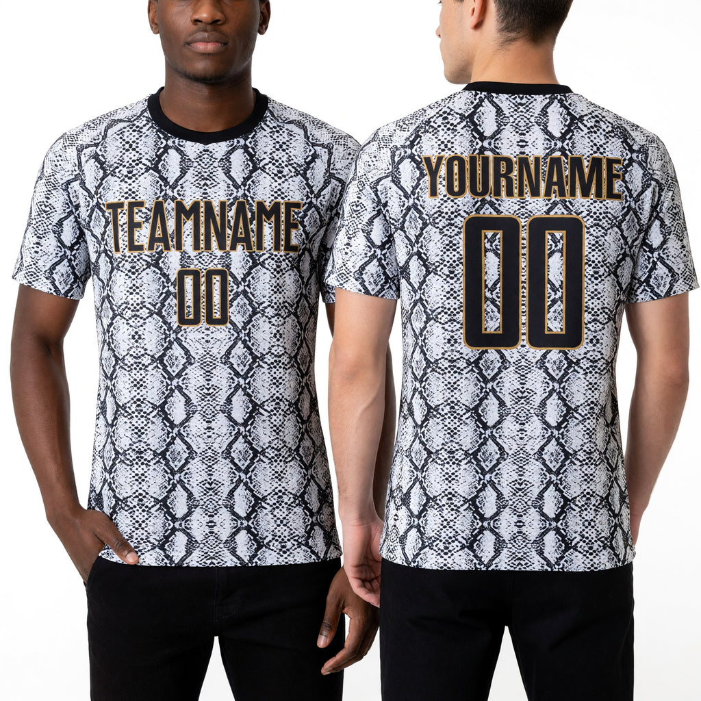 Custom Black Black-Old Gold Sublimation Snakeskin Soccer Uniform Jersey worn front and back
